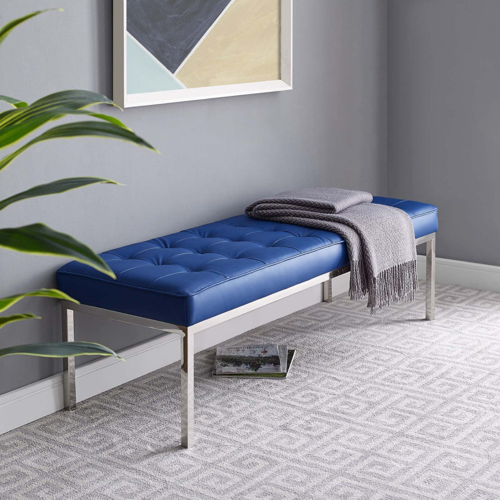 Modern Accent Chair Bench, Faux Vinyl Leather Metal Steel, Grey Gray Silver, Navy
