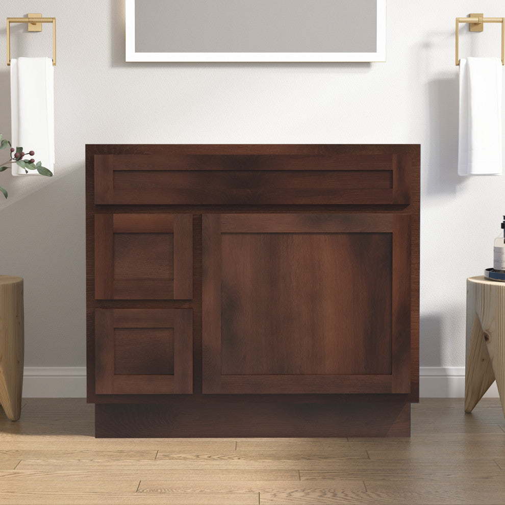Vanity Art Vanity Base Cabinet, No Top, Drawers on Left, 36", Brown