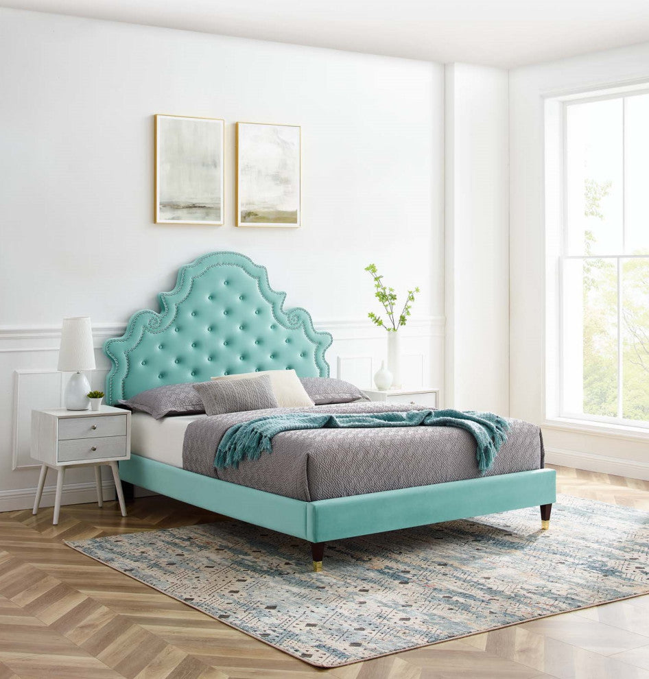 Tufted Platform Bed Frame, Full Size, Velvet, Blue, Modern Contemporary, Bedroom