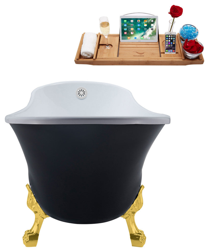 63" Streamline N353GLD-WH Soaking Clawfoot Tub and Tray With External Drain