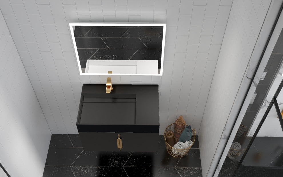 CastelloUSA Amazon 30" Left Wall Mounted Bathroom Vanity Set, Black, Black Top, Gold Handles