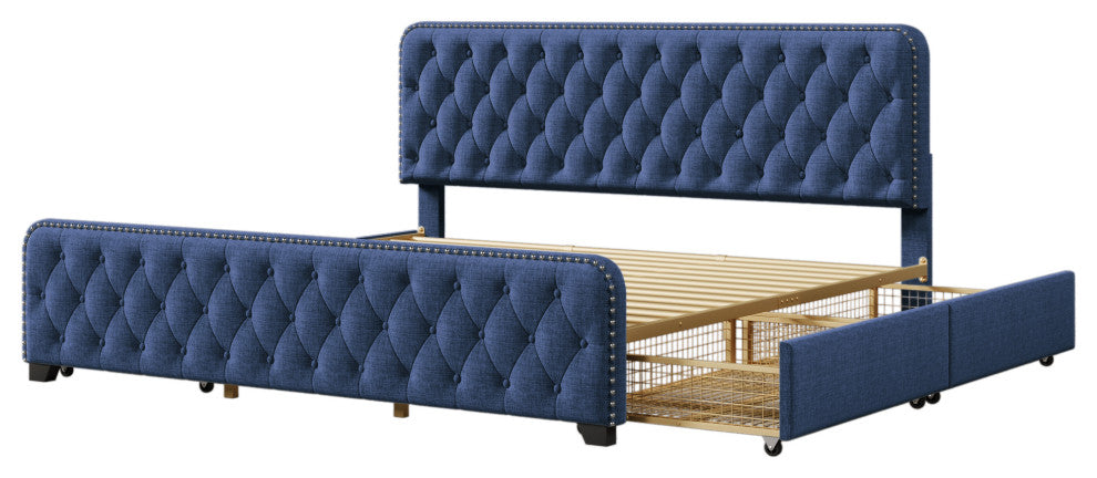 Metal Platform Bed with Headboard, Upholstered and 4-Drawer, Blue, 84.6" X 79.5"