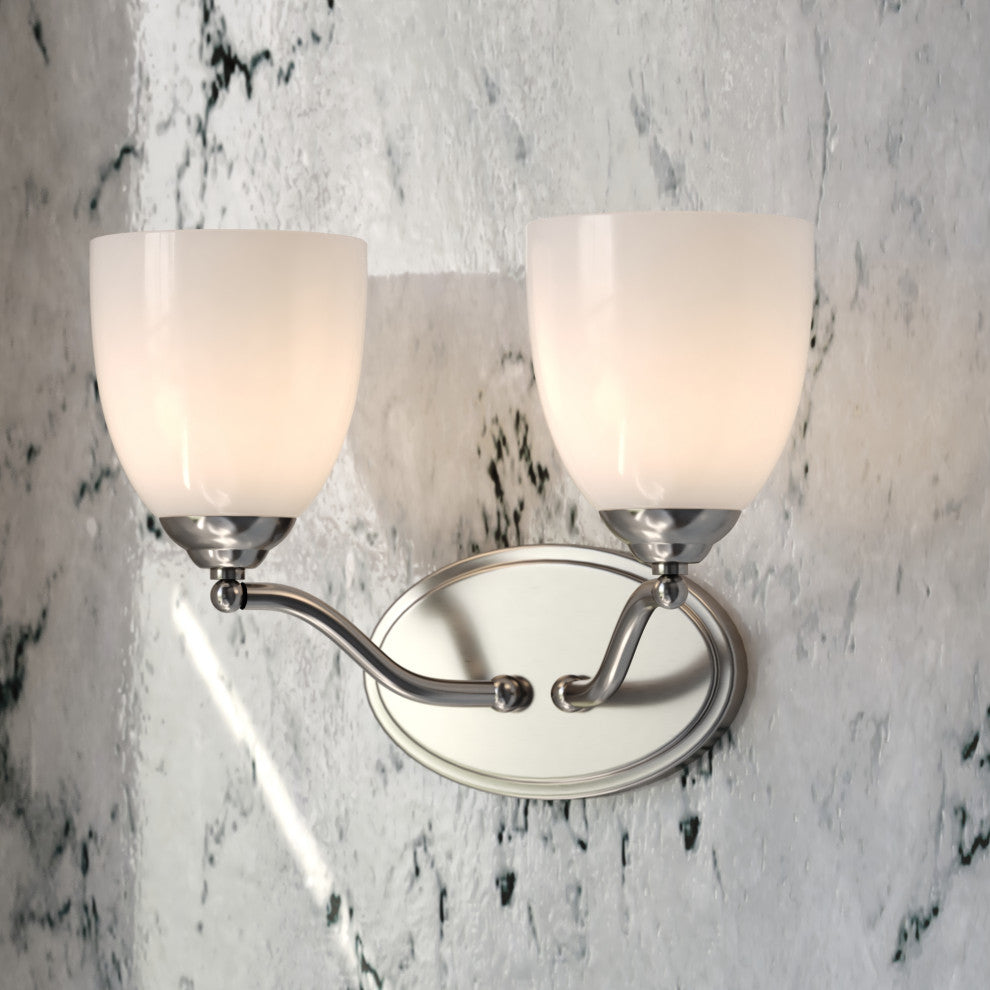 Bellwood 13.5" 2-Light Traditional Nickel Bathroom Vanity Fixture, Glass Shade, Satin Nickel, 2-Light