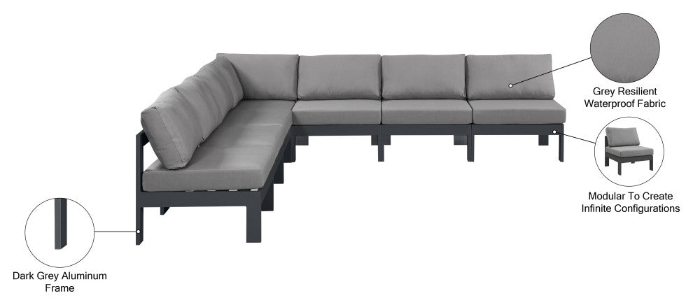 Nizuc Water Resistant Patio L-Shaped Modular Sectional, Gray, 7-Piece: 6 Armless Chair, 1 Corner Chair, Dark Gray Aluminum Frame