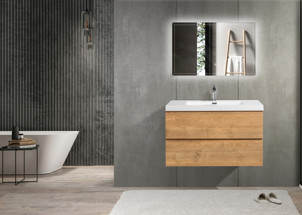 Alma-Pre Wall Mount Vanity With White Sink, Natural Oak, 42"
