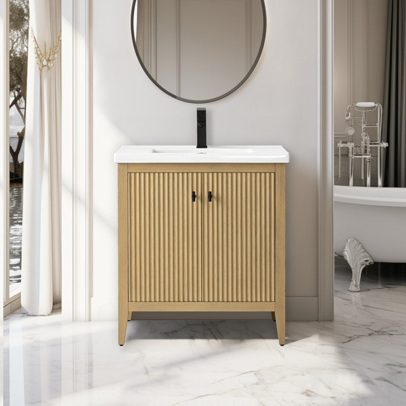 Vanity Art Freestanding Vanity, Natural Oak, 30", Single Sink, Matte Black