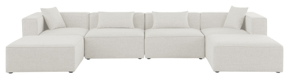 Cube Upholstered Modular Sectional, Cream, 6-Piece: 2 Armless Chair, 2 Corner Chair, 2 Ottoman, Linen Texured Fabric