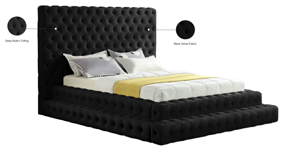 Revel Velvet Upholstered Bed, Black, Queen