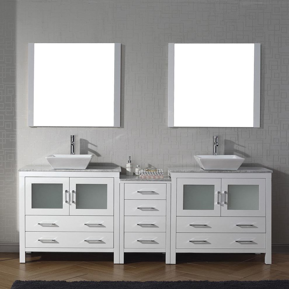 Virtu Dior 82" Double Bathroom Vanity, White With Faucet and Mirrors
