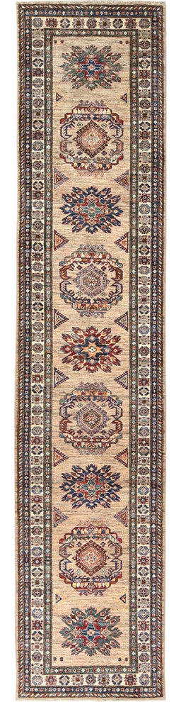 Tortilla Brown Hand Knotted Afghan Super Kazak Soft Wool Runner Rug 3'x13'6"
