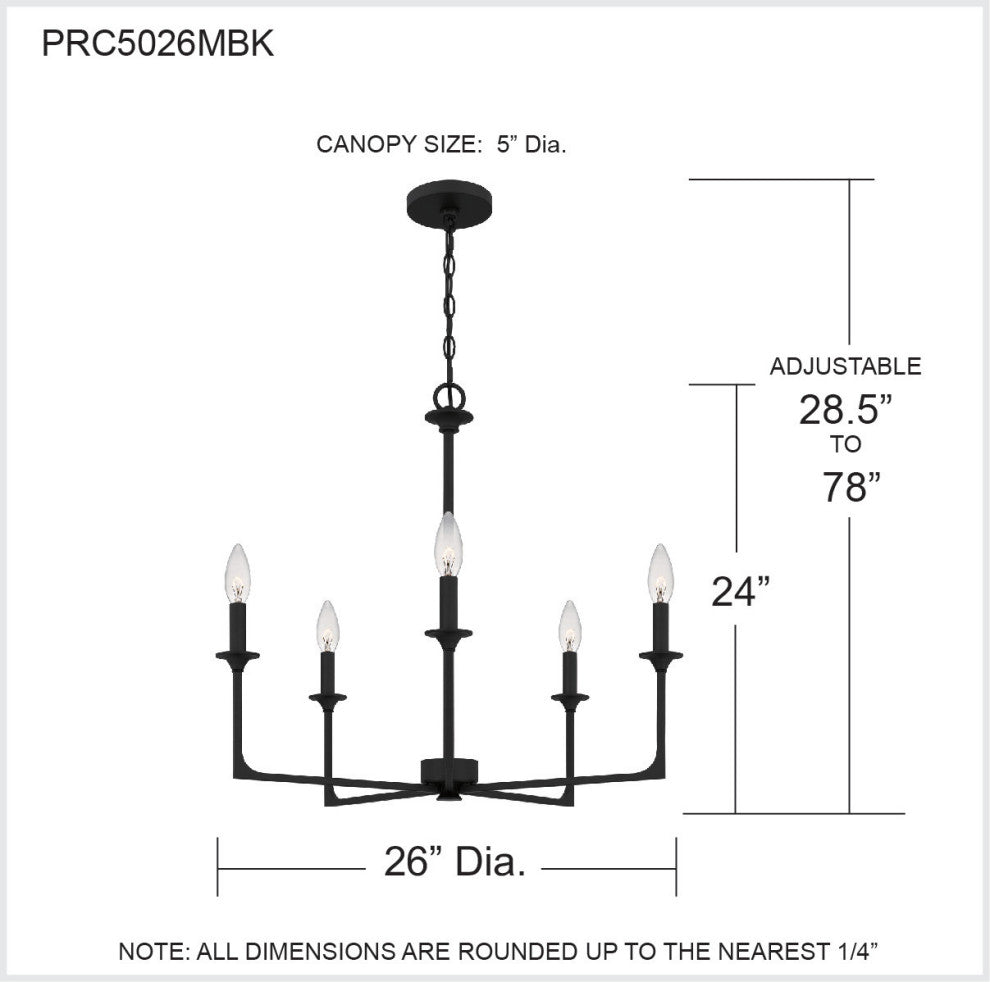 Quoizel PRC5026 Prescott 5 Light 26"W Taper Candle Style - Matte Black