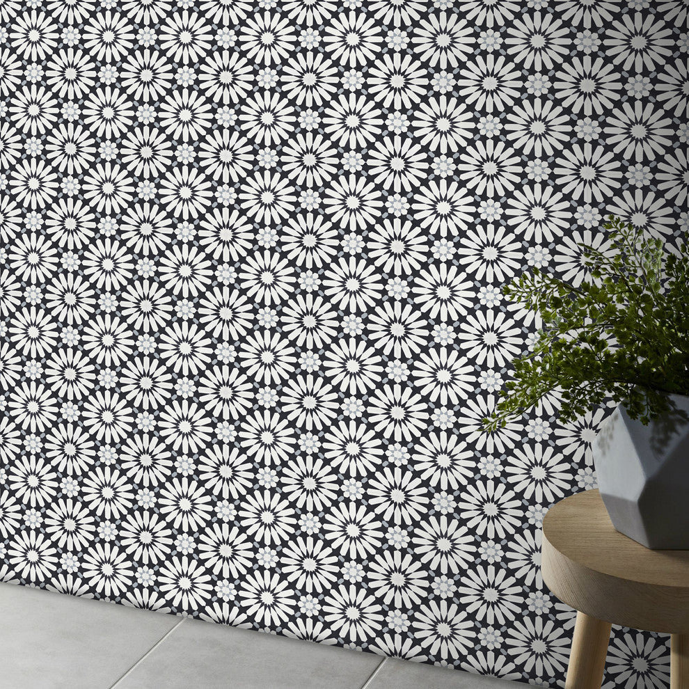 8"x8" Alhambra Handmade Cement Tile, Black-White-Gray, Set of 12