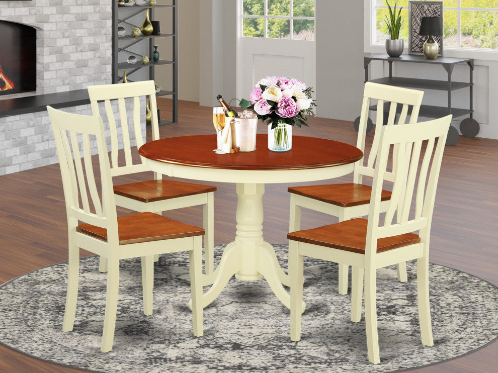 5 Pc Set, Round Small Table, 4 Wood Dinette Chairs, Buttermilk, Cherry .
