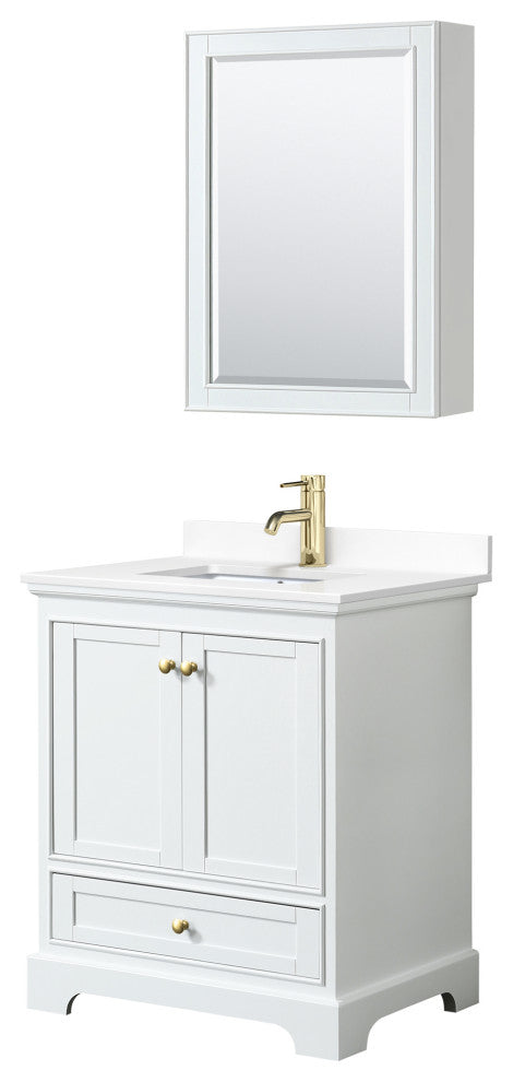 30"SGL Vanity White, White Cult. Marble Countertop, Sink, Gold Trim, Med.Cabinet