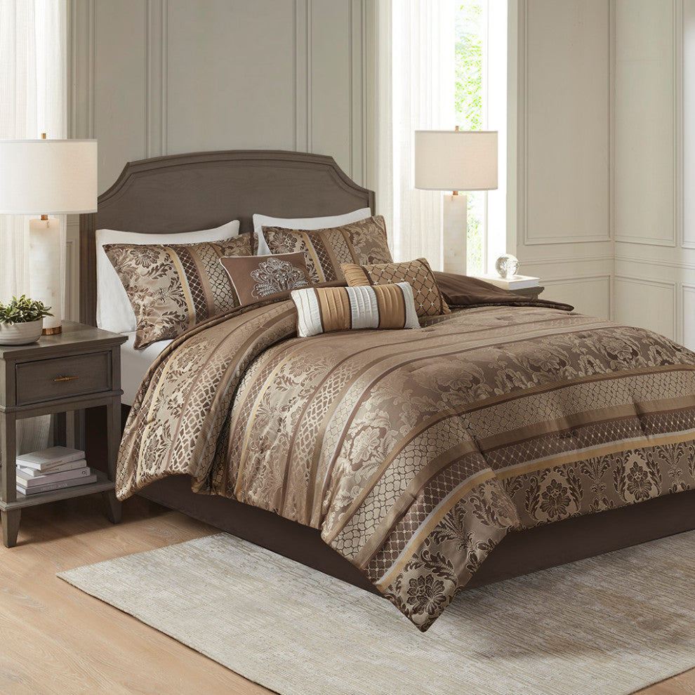 Madison Park Bellagio Classic Botanical 7-Piece Comforter Set, Gold/Brown, Cal K