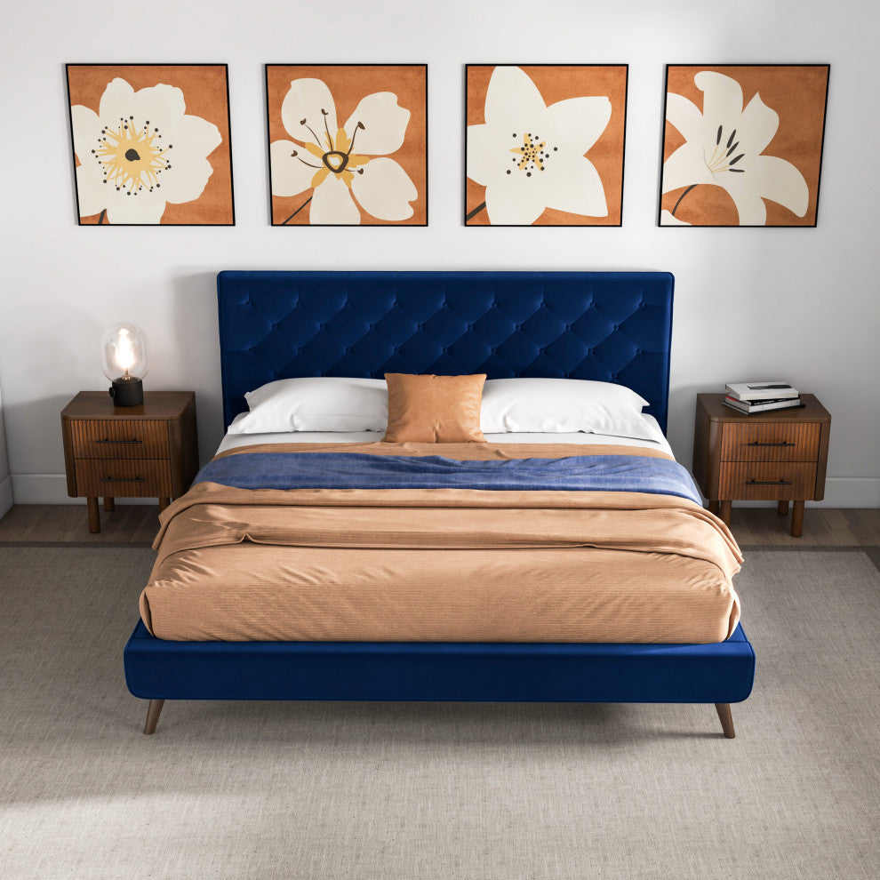 Ashley Midcentury Velvet Tufted Solid Wood Platform Bed, Blue, King