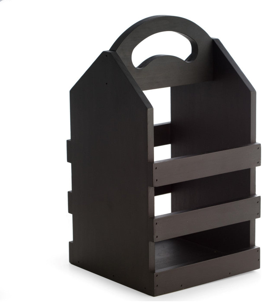 Black Solid Wood 4 Bottle Caddy, Ergonomic Curved Built, Handle
