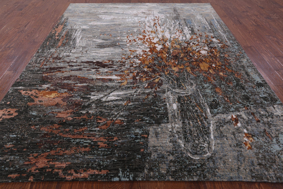 8' 1" X 10' 4" Modern Branches, a Vase Design Handmade Wool and Silk Rug Q8553
