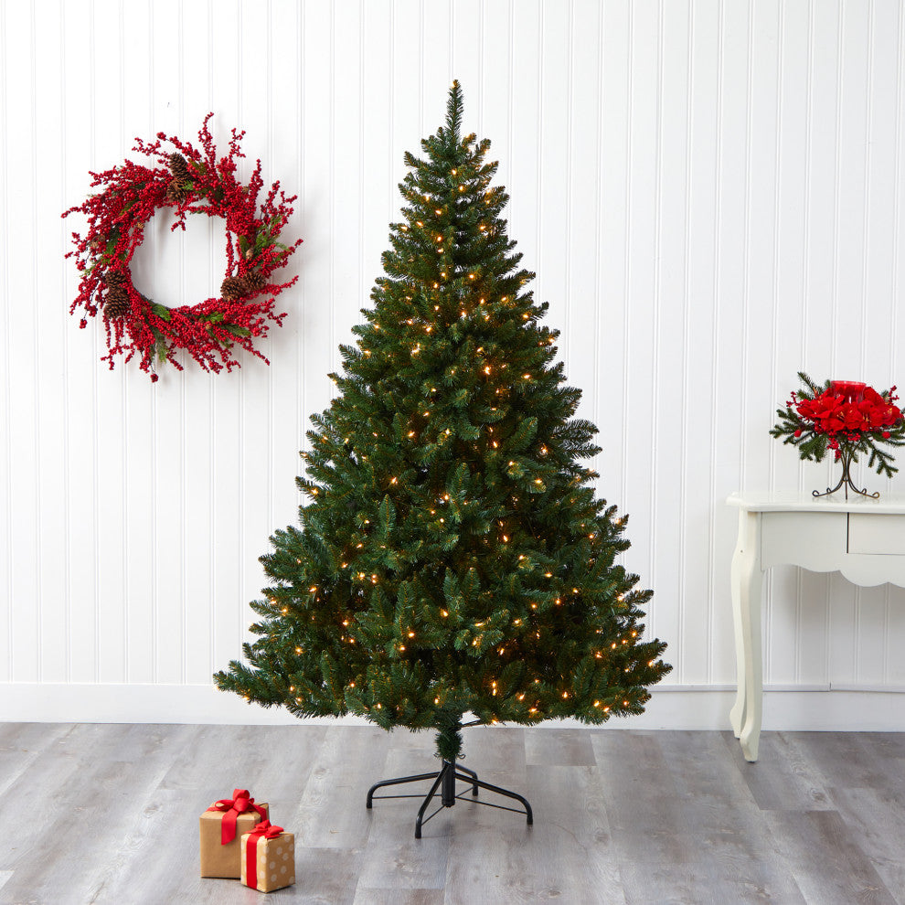 7' Northern Rocky Spruce Faux Xmas Tree W/400 Clear Lights & Bendable Branches