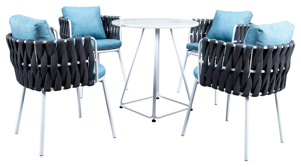 LeisureMod Spencer Rope 5 Piece indoor Outdoor Bistro Patio Set, Grey
