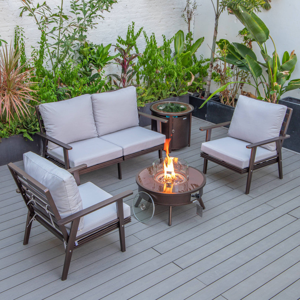 LeisureMod Walbrooke Brown Patio Sofa Set With Round Fire Pit Table, Light Grey