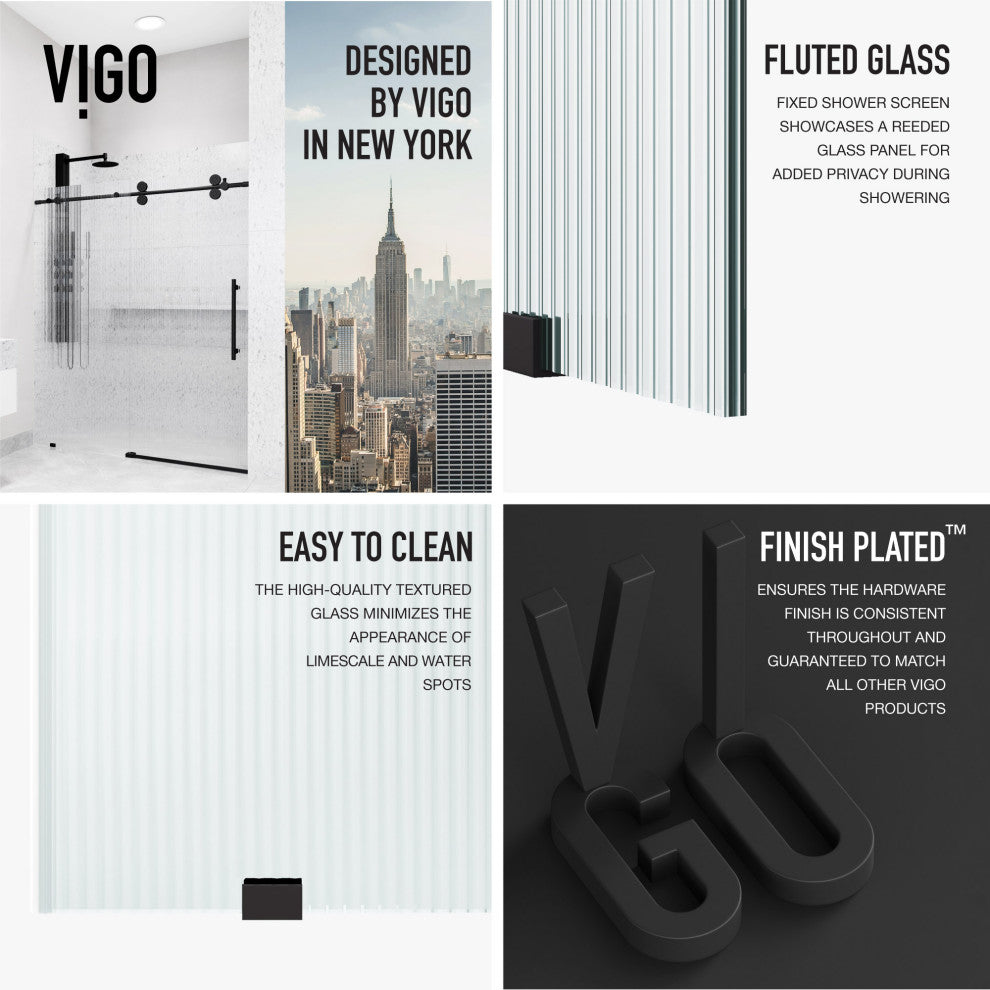 VIGO Elan 56" to 60" W x 74" H Frameless Sliding Shower Door, Matte Black, Left, Fluted Glass