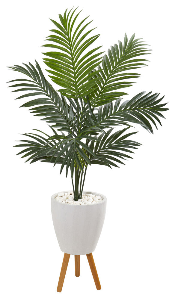 4.5' Kentia Artificial Palm Tree, White Planter With Legs