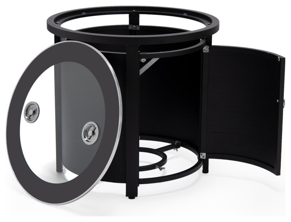 LeisureMod Walbrooke Round Fire Pit Table and Tank Holder With Slats, Black