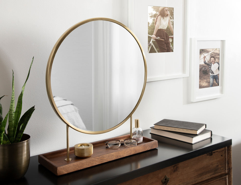 Maxfield Round Tabletop Mirror, Gold, 18x22