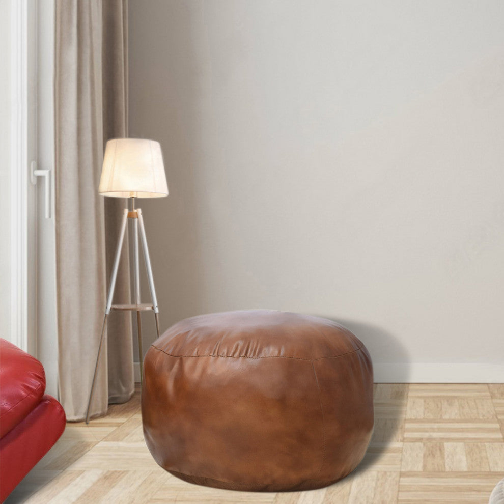 Pouf-Solid Handmade Leather Pouf (Recycled Foam with Fiber Fill), Light Brown, {Round]21x21x12