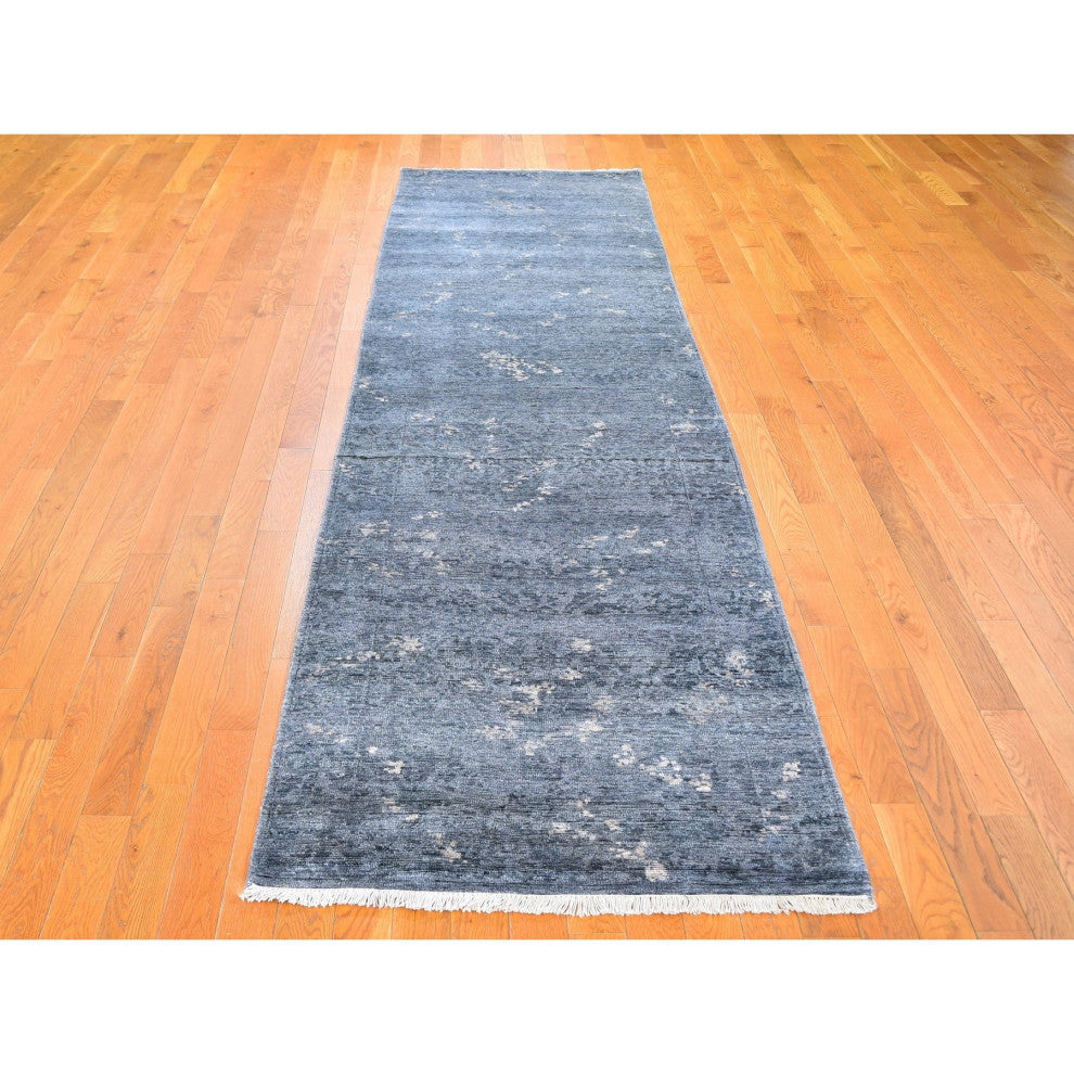 Dark Gray Hand Knotted Art Silk Modern Wide Runner Oriental Rug, 3'0"x11'9"