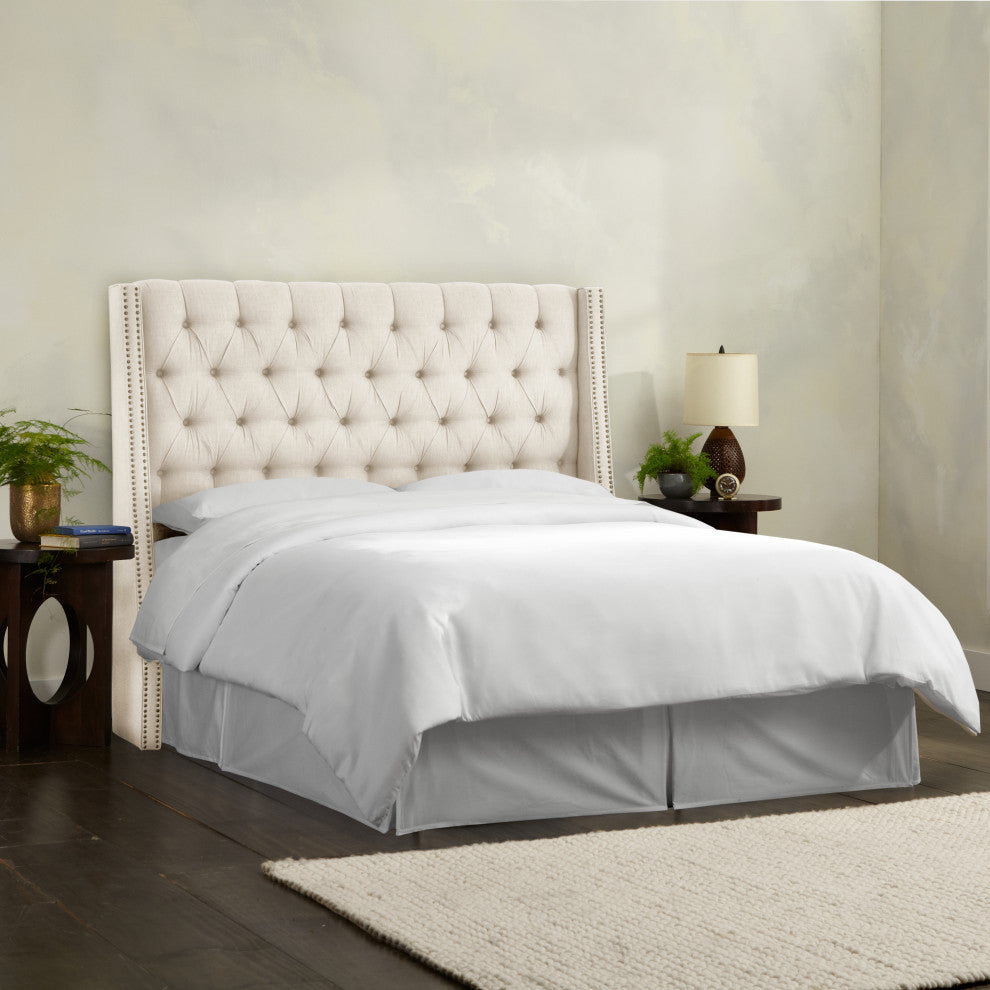 Williams Queen Nail Button Tufted Wingback Headboard, Linen Talc