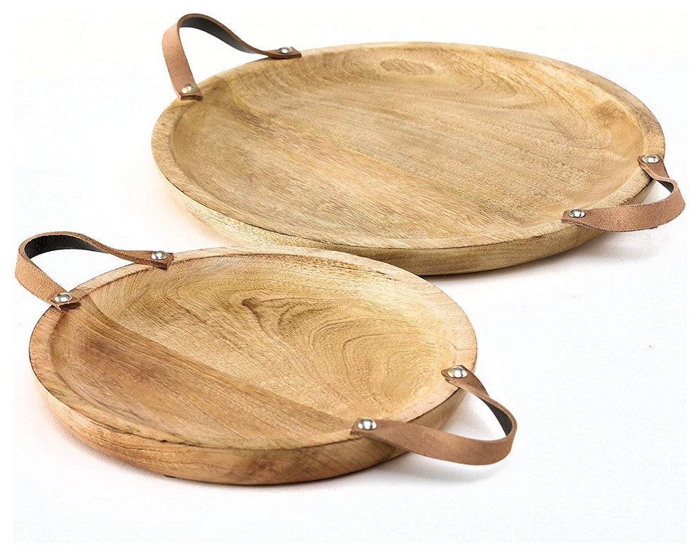 2 Piece Mango Round Board Servers with Leather Handles