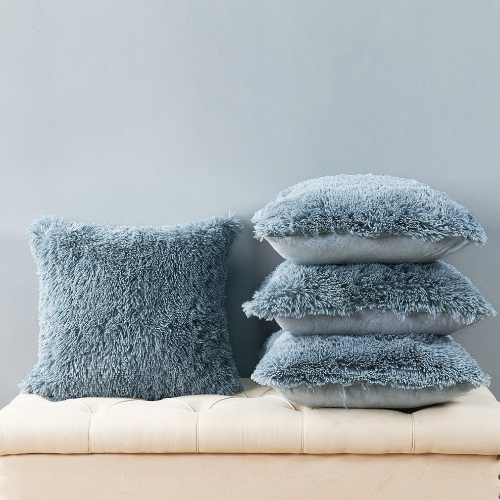 Shaggy Faux Fur Pillow Cover, Silver Blue, Set of 4, 20"x20"