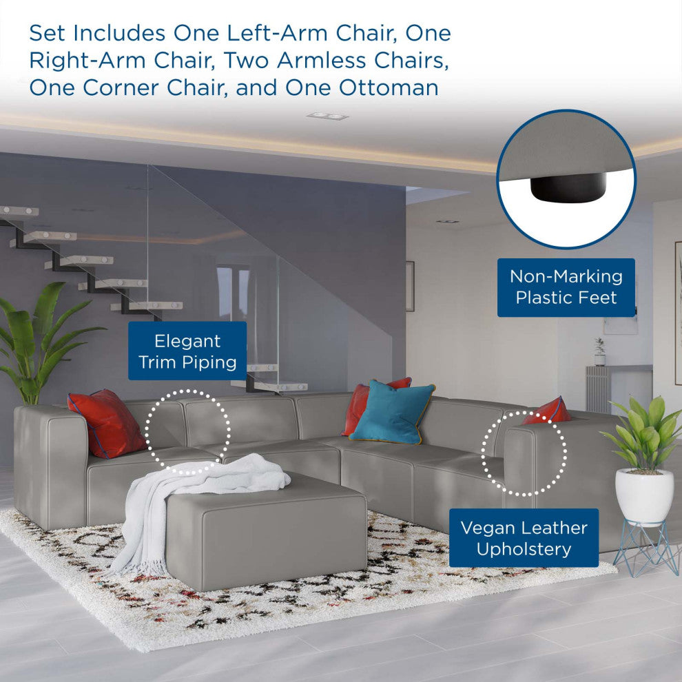 Sectional Sofa Set, Faux Vegan Leather, Gray, Modern, Lounge Hospitality