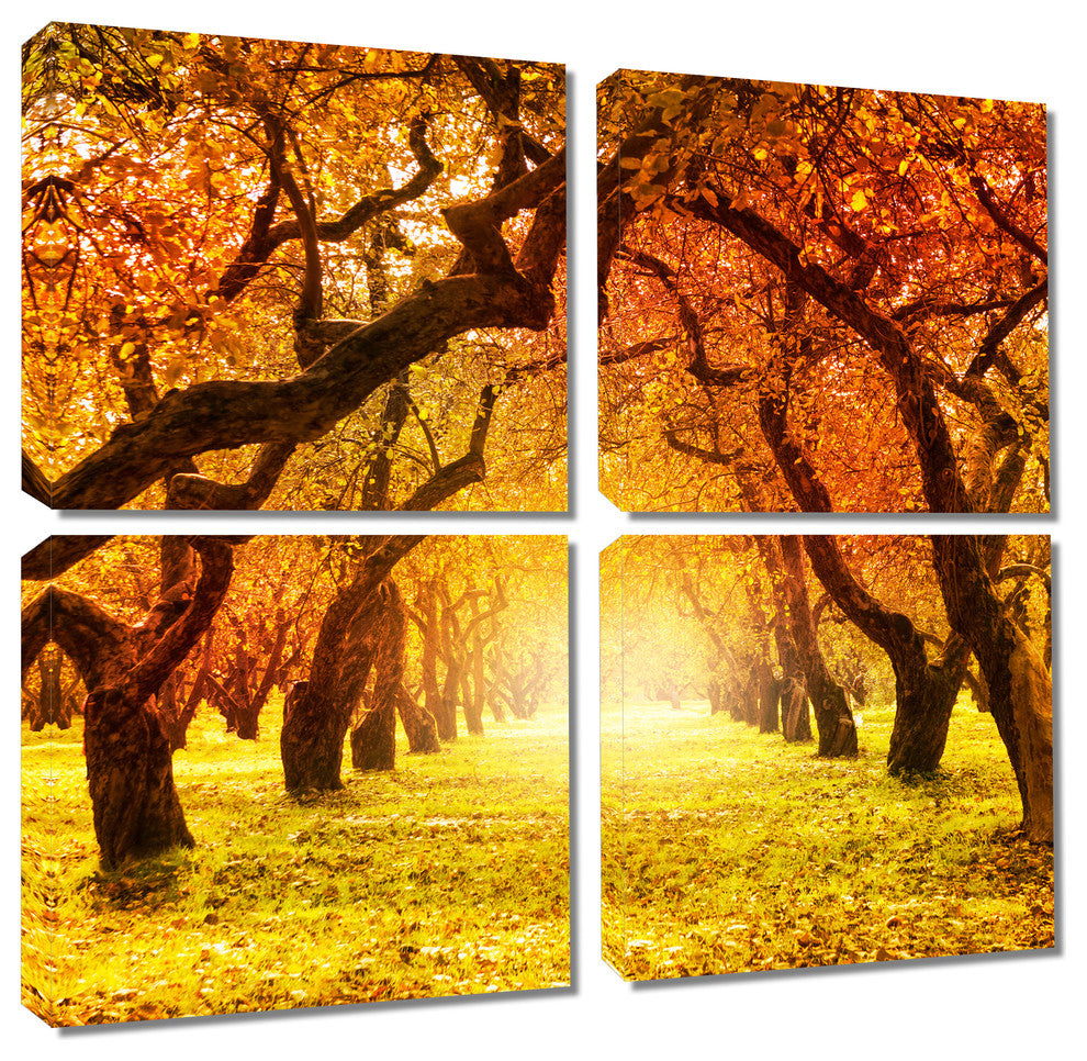 Fall Autumn Park, Tree Path, Canvas Print, 4 Panel Split, Quad Wall, 6