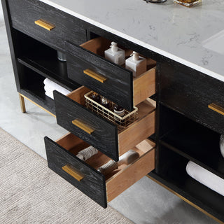 Kesia Black Oak Bathroom Vanity Set, 72", With Mirror