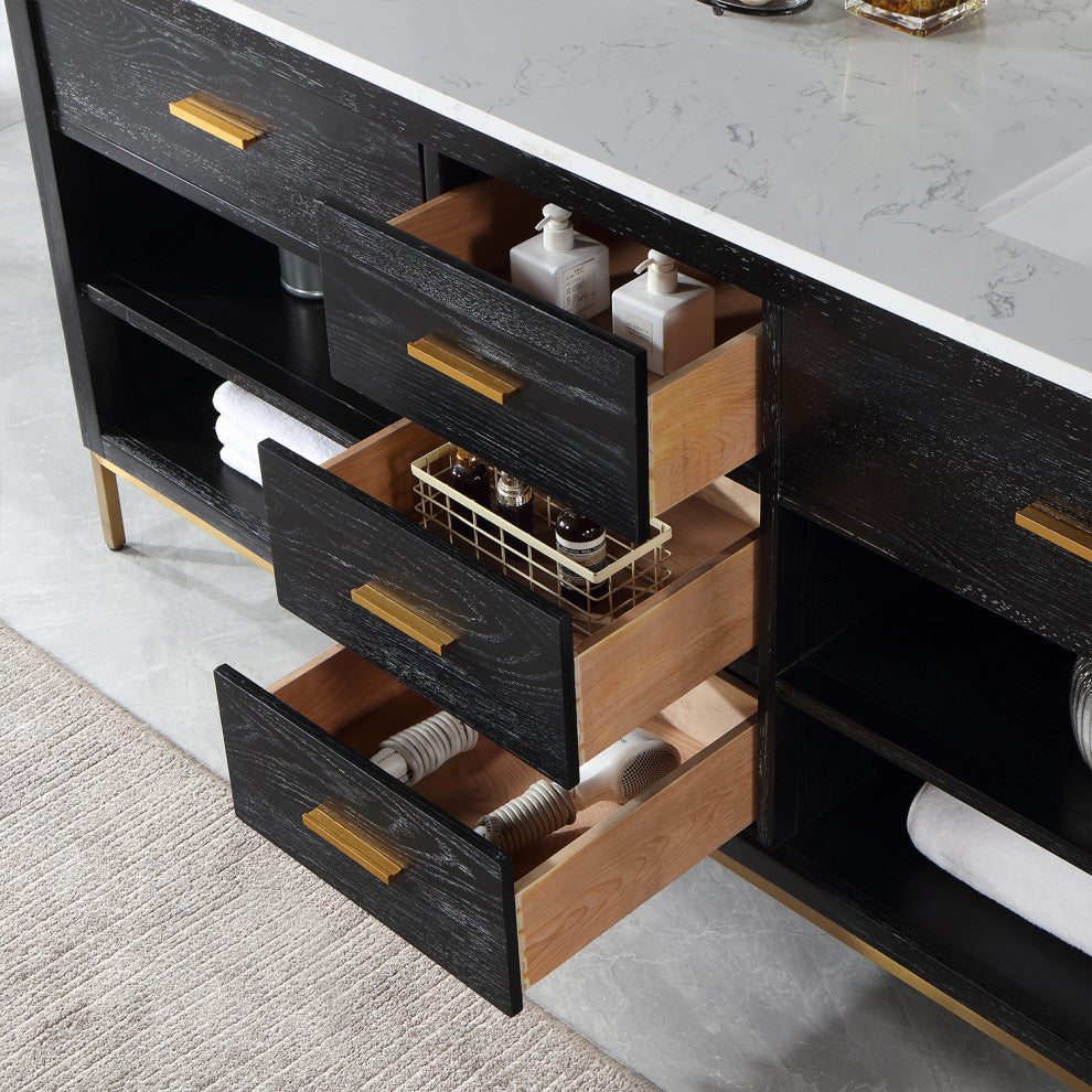 Kesia Black Oak Bathroom Vanity Set, 72", With Mirror
