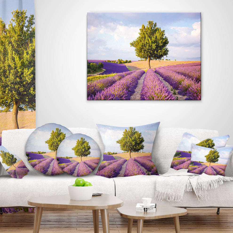 Lonely Green Tree in Lavender Field Landscape Printed Throw Pillow, 16"x16"