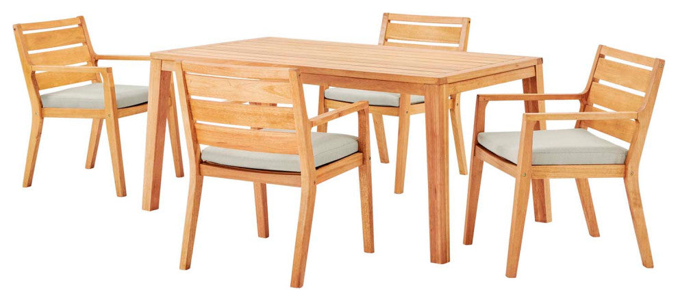 Side Dining Chair and Table Set, Wood, Brown Natural Taupe Gray, Modern, Outdoor