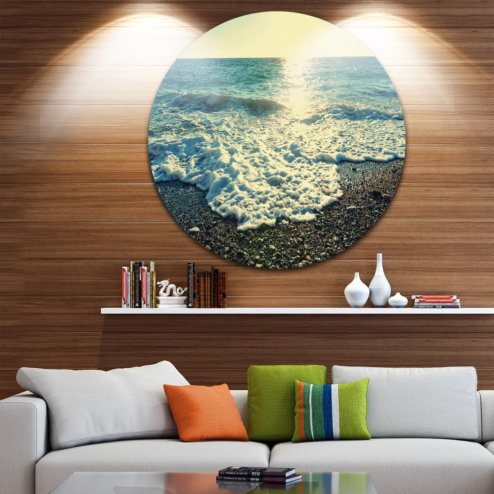 Dramatic Blue Waves On Beach, Seashore Disc Metal Artwork, 23"