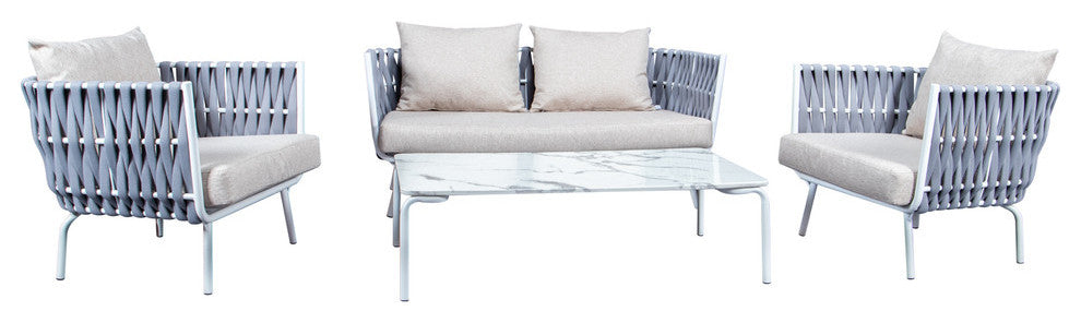 LeisureMod Spencer 4 Piece Outdoor Patio Rope Sofa Conversion Set, Light Grey