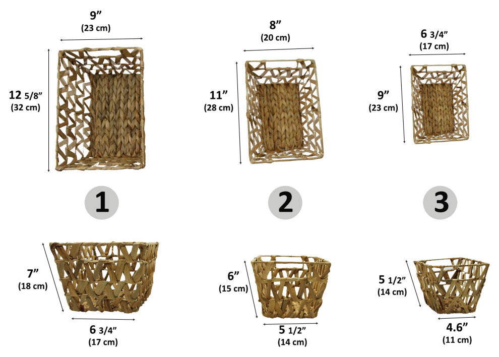 Rectangular Braided Water Hyacinth Baskets With Handles Natural Set of 3, Flared