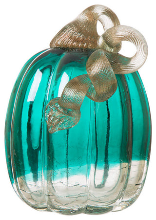 Handblown Turquoise Crackle Oblate Glass Pumpkin