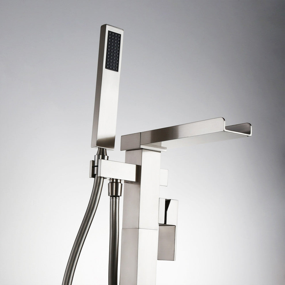 Modern Waterfall Freestanding Bathroom Bathtub Faucet Floor Mount Tub Filler, Brushed Nickel