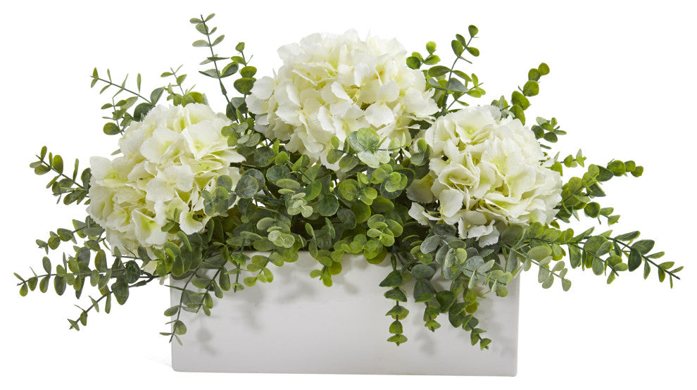 15" Hydrangea and Eucalyptus Artificial Arrangement, White Vase