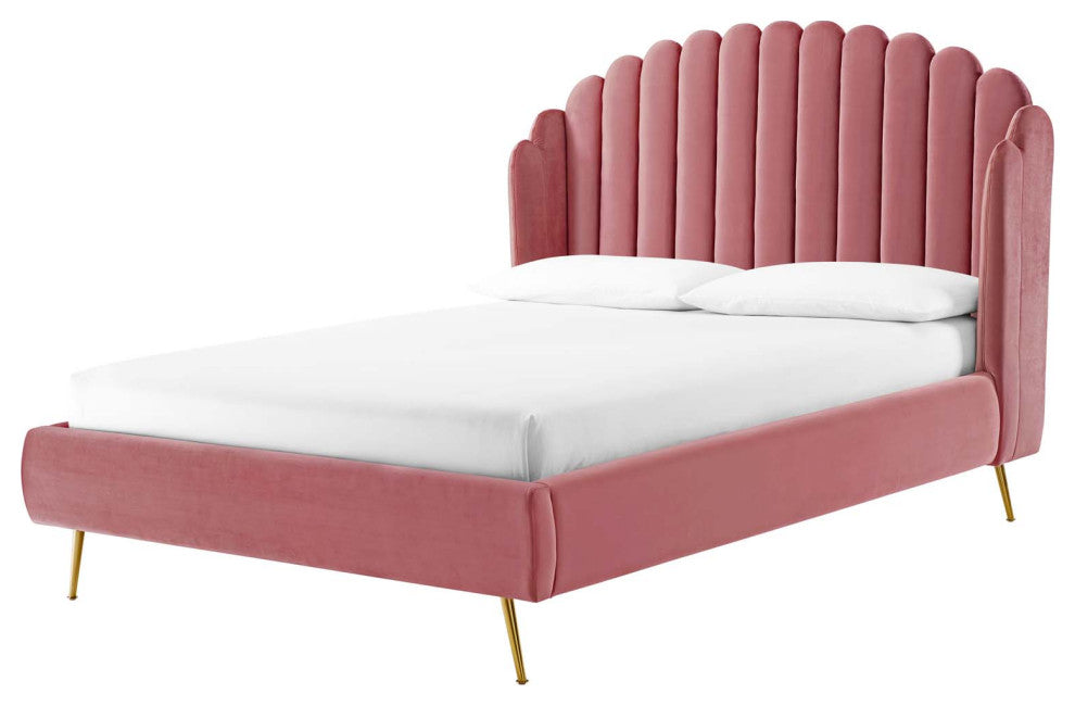Platform Bed Frame, Queen Size, Velvet, Pink, Modern Contemporary, Bedroom