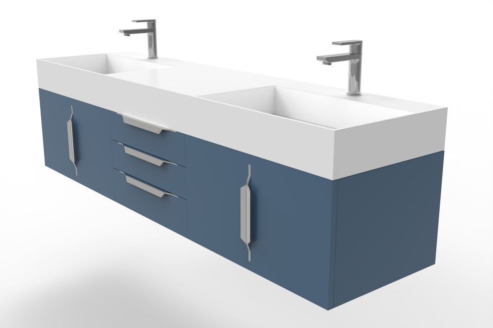 CastelloUSA Amazon 72" Wall Mounted Vanity Set, Blue, White Top, Chrome Handles