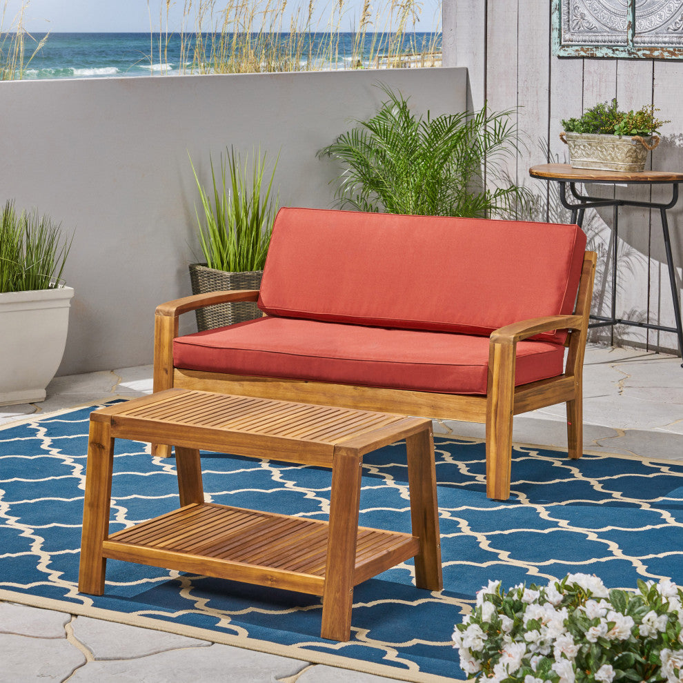 GDF Studio Christian Outdoor Acacia Wood Loveseat/Coffee Set, Teak Finish/Red