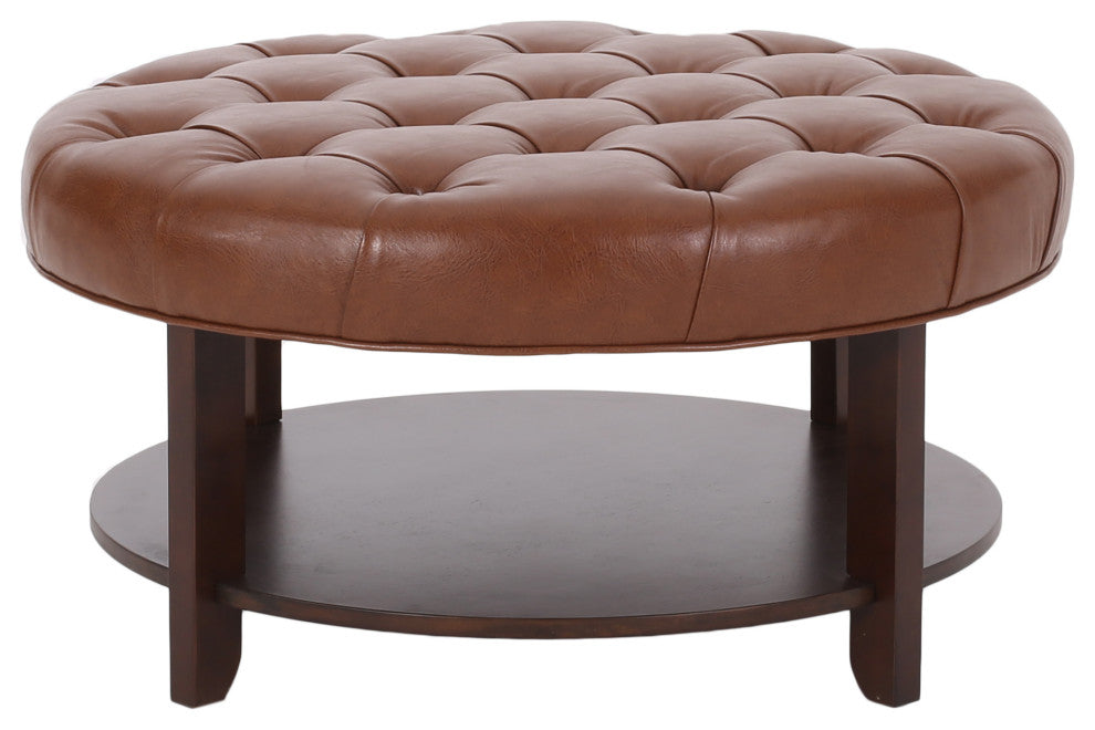 Baynes Faux Leather Tufted Wood Round Ottoman, Open Shelf, Cognac + Espresso
